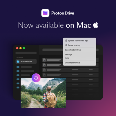 The Proton Drive logo, followed by the text: "Now available on Mac"
The image below shows the screenshots from the Proton Drive MacOS app.