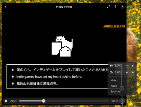 Screenshot of Tuba's Media Viewer with Clapper support. A video is playing (it's the Toby Fox interview where he speaks perfect Japanese until he says 'Touhou Project', instantly switching to his American accent to say 'Project' and continuing in Japanese) and the media control options are open. The options are: Volume (80%), Speed (1.00x), Video, Audio, Subtitles.